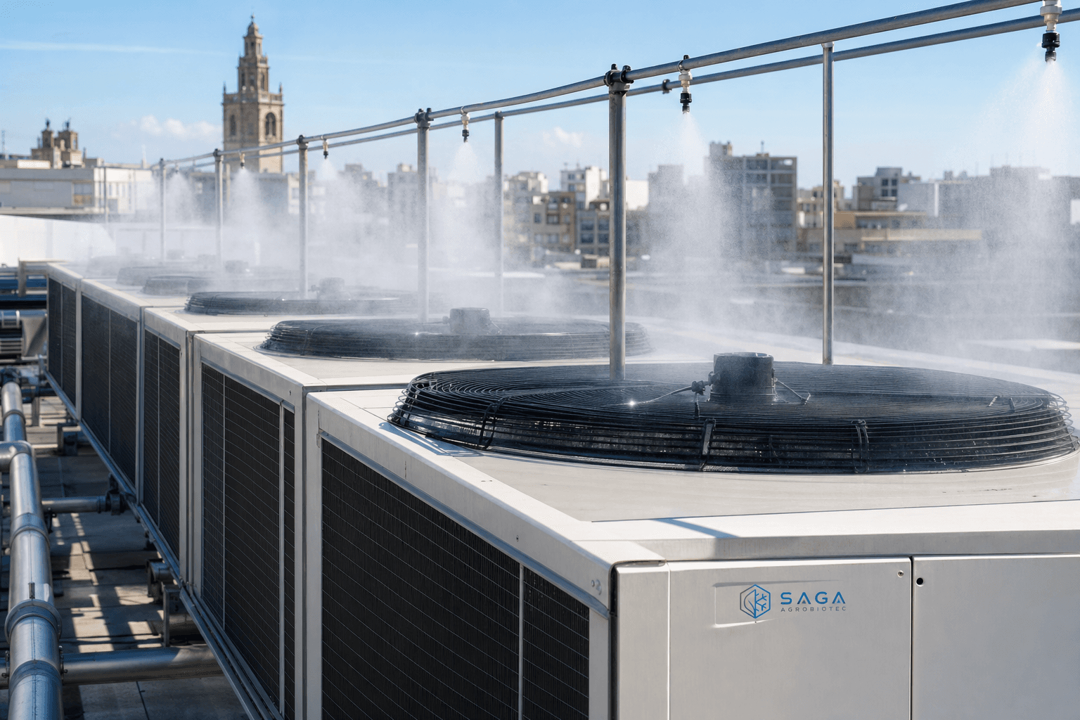 Condensador industrial con sistema de nebulización activo en una instalación exterior