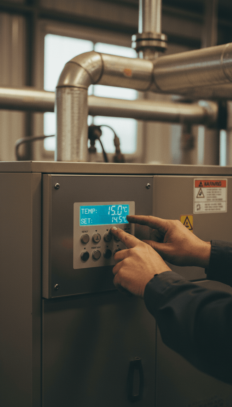 Manos de ingeniero ajustando controlador de temperatura en equipo de climatización