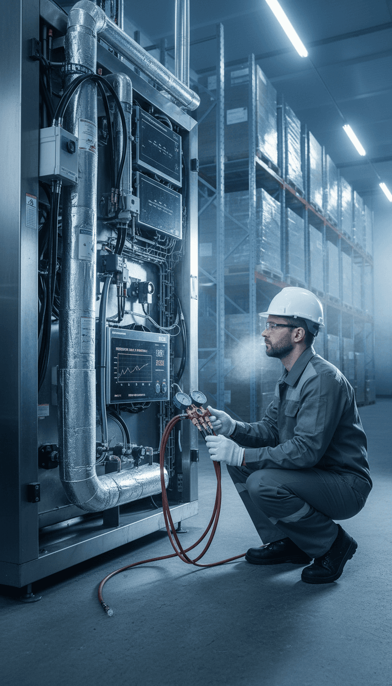 técnico revisando presión de gas refrigerante en instalación industrial