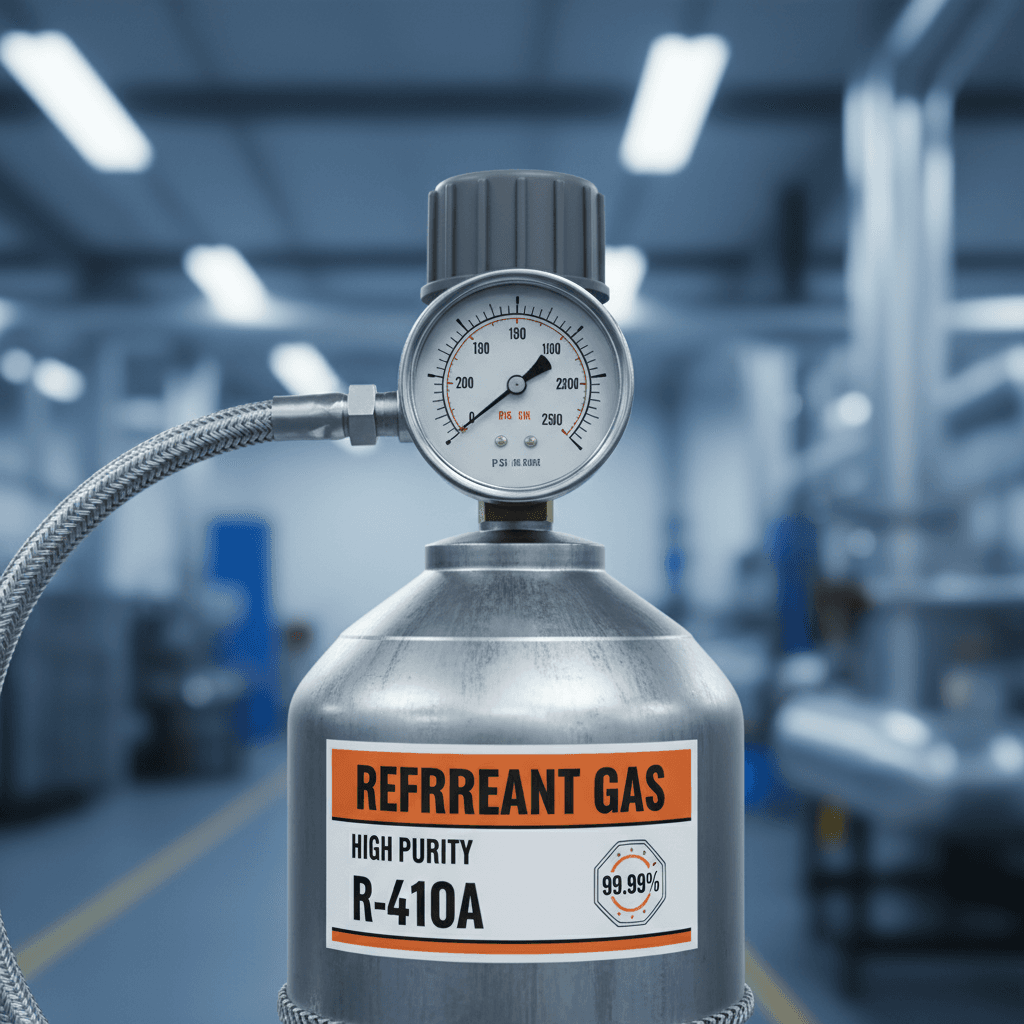 cilindro de gas refrigerante con etiqueta de pureza y manómetro
