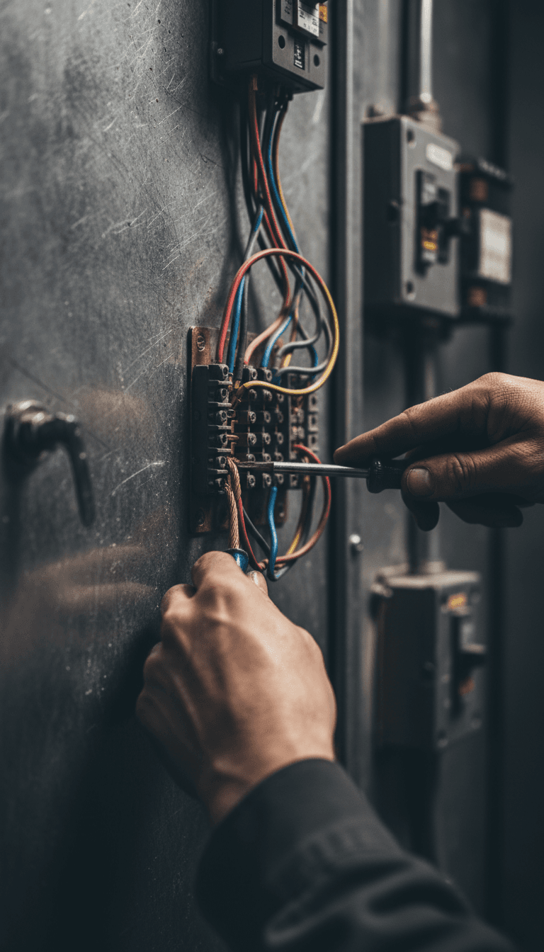 Detalle de cuadro eléctrico industrial con cables y conexiones enfocado con profundidad de campo reducida
